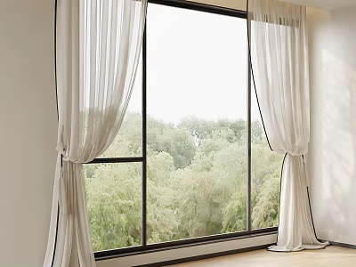 White Sheer Curtains Decorating Bright Window With Green Outdoor Plants 3d model