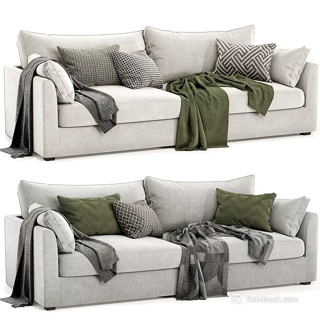 Cozy Three Seater Sofa With Patterned Pillows And Soft Blankets 3d model 