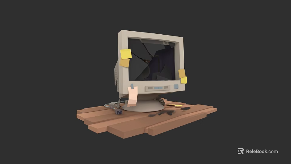 Old Broken Computer Monitor on Wooden Board with Tape and Sticky Notes 3d model 