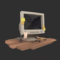 Old Broken Computer Monitor on Wooden Board with Tape and Sticky Notes
