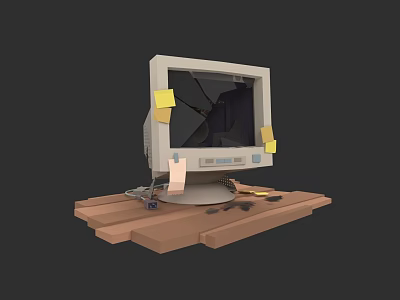 Old Broken Computer Monitor on Wooden Board with Tape and Sticky Notes 3d model