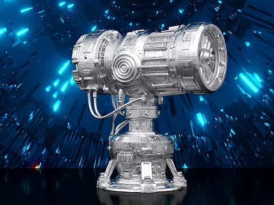Futuristic Silver Mechanical Installation Photo Check-in Spot With Blue Light Effects And Tech Background 3d model
