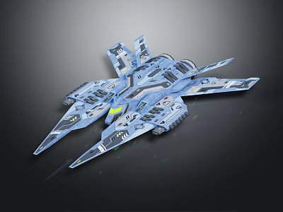 Sci Fi Blue Spaceship With Multiple Wings And Complex Structure In Space 3d model