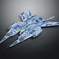 Sci Fi Blue Spaceship With Multiple Wings And Complex Structure In Space