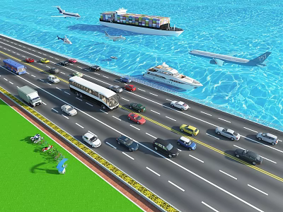Cars on Busy Highway with Traffic and Various Transport Vehicles 3d model