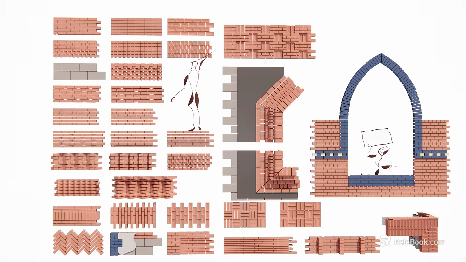 Red Brick Floor Tiles With Various Styles And Patterned Construction Elements 3d model