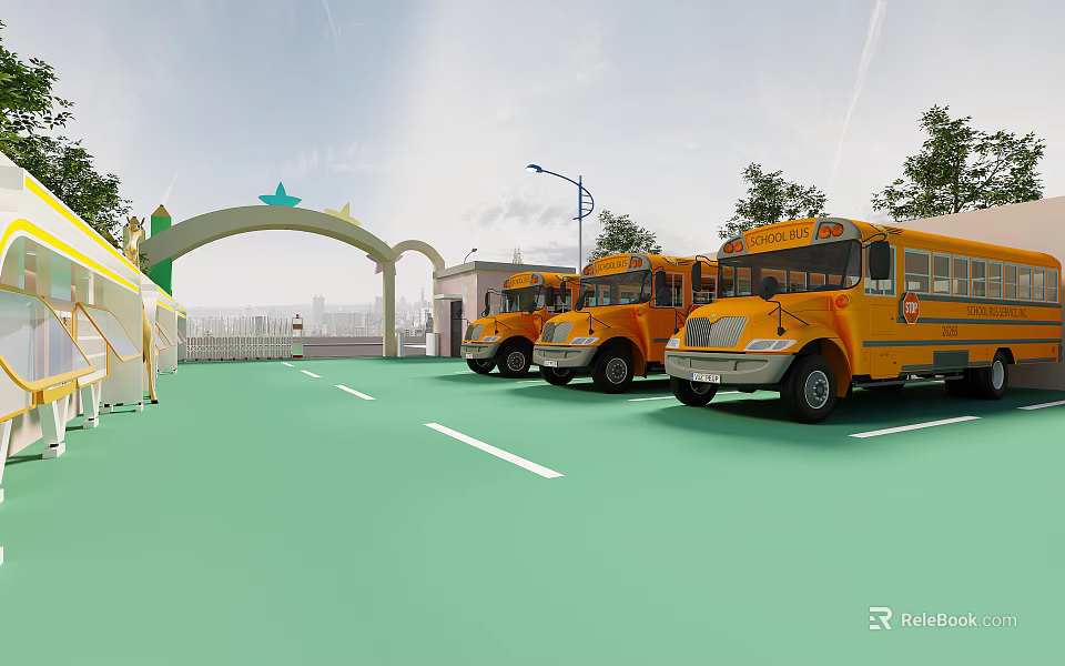 School Building Exterior With Arch Gate Yellow School Buses And Green Playground 3d model 