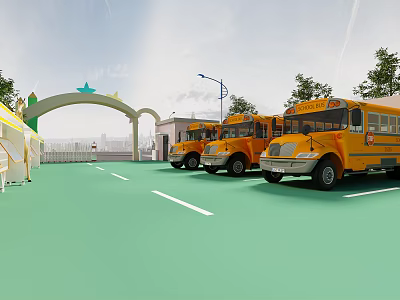 School Building Exterior With Arch Gate Yellow School Buses And Green Playground 3d model