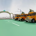 School Building Exterior With Arch Gate Yellow School Buses And Green Playground
