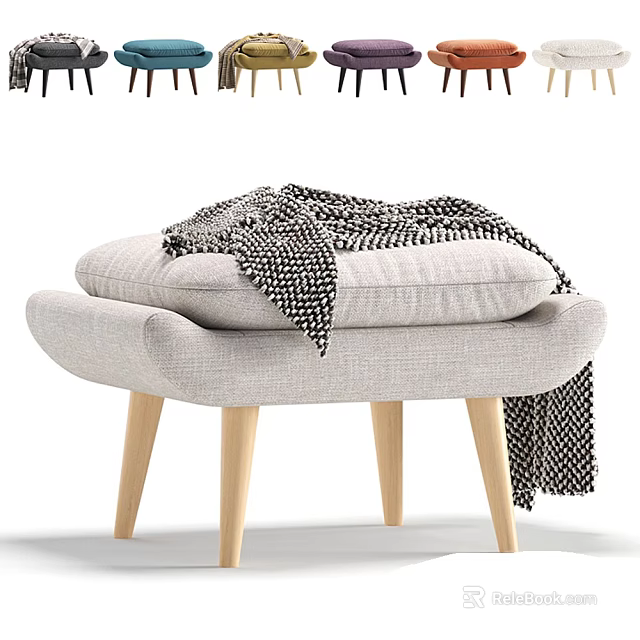 Modern Light Gray Fabric Ottoman With Wooden Legs Soft Cushion And Checkered Blanket 3d model 