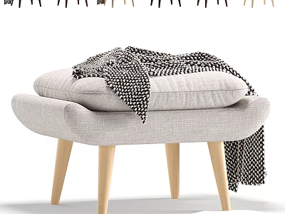 Modern Light Gray Fabric Ottoman With Wooden Legs Soft Cushion And Checkered Blanket 3d model
