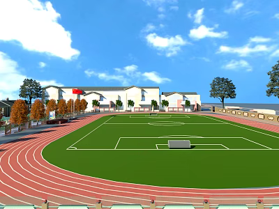 Scenic Football Field With Red Running Track White Buildings And Green Trees Under Blue Sky 3d model