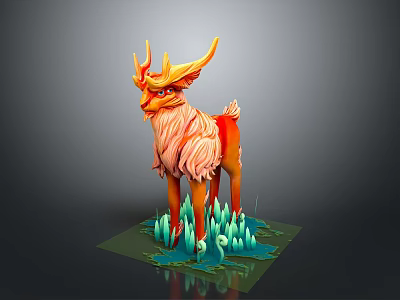 Vibrant Orange Horned Mythical Creature with Long Fluffy Mane Standing on Green Grass Base 3d model