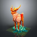 Vibrant Orange Horned Mythical Creature with Long Fluffy Mane Standing on Green Grass Base