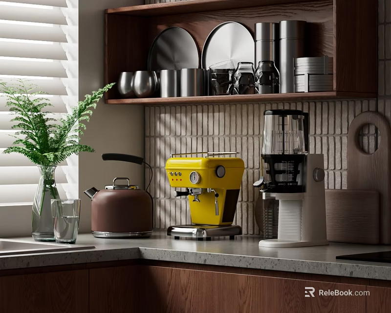 Modern Kitchen Countertop With Yellow Coffee Machine Kettle Green Plant And Wooden Shelves Appliances 3d model 