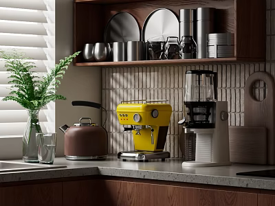 Modern Kitchen Countertop With Yellow Coffee Machine Kettle Green Plant And Wooden Shelves Appliances 3d model