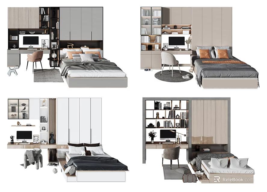 Modern Bedroom And Study Space Design With Bed Desk Bookshelves And Furniture 3d model 