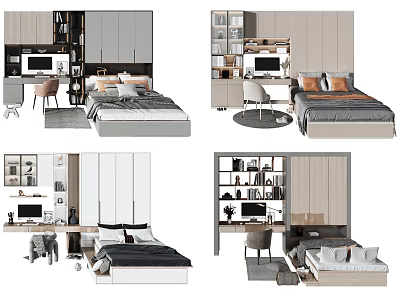 Modern Bedroom And Study Space Design With Bed Desk Bookshelves And Furniture 3d model