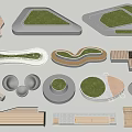 Creative Landscape Seats With Various Shapes Grass Covered And Wooden Elements 3d model