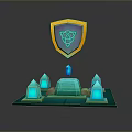 Fantasy Landscape Featuring Blue Clover Shield And Four Spire Structures On Reflective Base