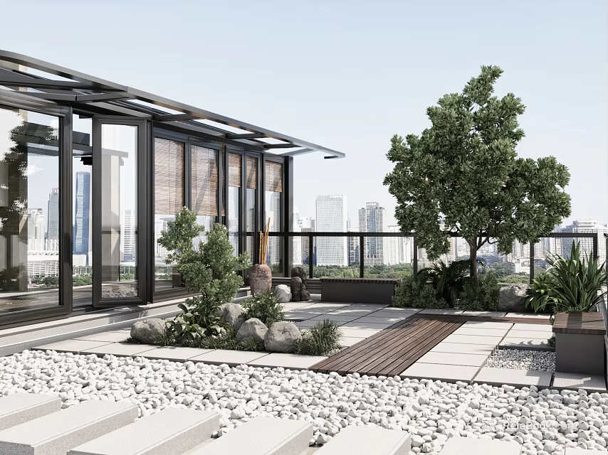 Modern Villa Balcony Design With Plants Stones And Urban View 3d model 