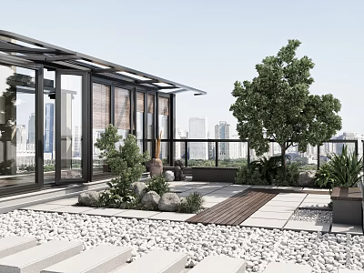 Modern Villa Balcony Design With Plants Stones And Urban View 3d model