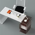 Modern Office Desk With Ergonomic Chair Laptop Desk Lamp Coffee Cup And Drawer Cabinet