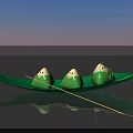 Clear Water Surface With Green Leaf Boat Floating Three Green Wrapped Parcels And Grassland