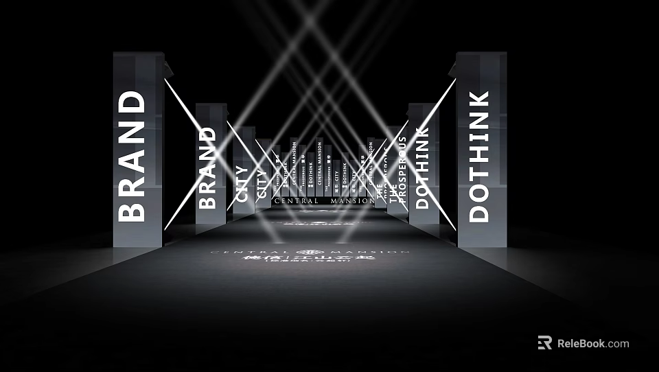 Modern Office Corridor Featuring Brand Logos On Pillars With Cross Lighting 3d model 