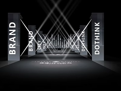 Modern Office Corridor Featuring Brand Logos On Pillars With Cross Lighting 3d model