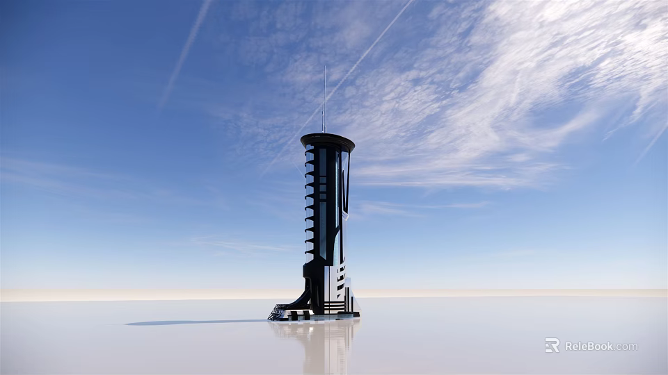 Futuristic Tower With Spiral Structure Design Against Blue Sky White Clouds 3d model