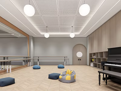 Spacious Dance Fitness Studio with Mirrors and Barres Floor Cushions and Piano for Active Workouts 3d model