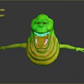 Green Slime Creature With Outstretched Arms Sticking Out Tongue Red Eyes Gray Background Floor Reflection