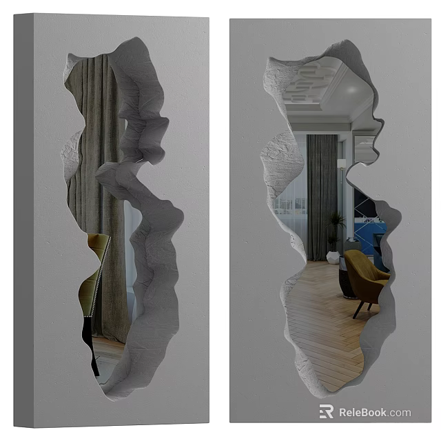 Irregular Shaped Mirror Reflecting Living Room Interior With Furniture And Curtains 3d model 