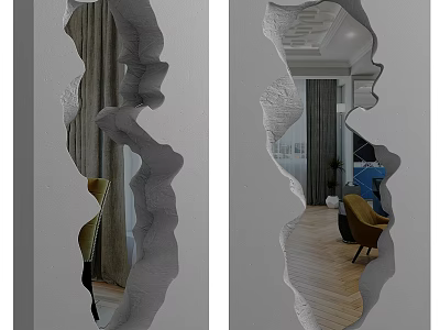Irregular Shaped Mirror Reflecting Living Room Interior With Furniture And Curtains 3d model