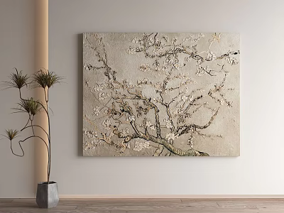 Flowering Plant Painting On Wall In Modern Interior With Potted Plant 3d model