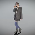 School Girl In Gray Blazer And Skirt Making Peace Sign Gesture