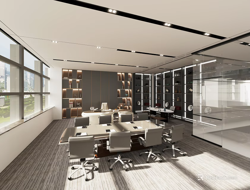 Modern Open Office Interior With Floor-to-Ceiling Windows Large Conference Table Glass Partitions And Gray Carpet 3d model 
