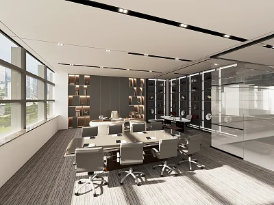 Modern Open Office Interior With Floor-to-Ceiling Windows Large Conference Table Glass Partitions And Gray Carpet 3d model