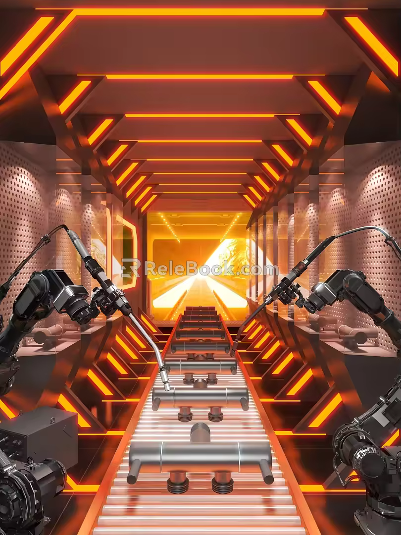 Modern science fiction corridor exhibition hall e-commerce scene mechanical arm assembly line space cartoon scene science fiction scene e-commerce background mechanical equipment 3d model