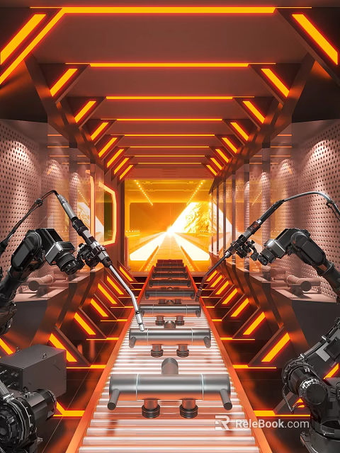 Cartoon Scene Of Futuristic Technological Corridor With Robot Arms Orange Lighting And Mechanical Conveyor Belt 3d model 