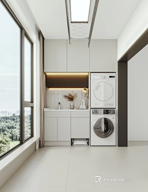 Modern Home Balcony Laundry Area With White Cabinets Washing Machine Dryer And Green View Window 3d model 