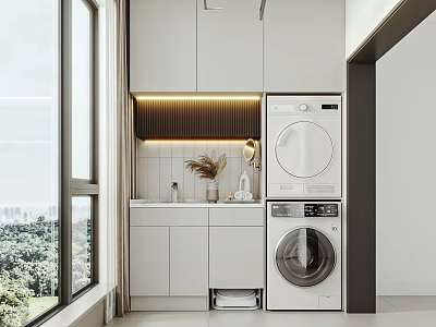 Modern Home Balcony Laundry Area With White Cabinets Washing Machine Dryer And Green View Window 3d model