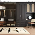 Modern Walk-in Closet Featuring Glass Fronted Wardrobe Dark Cabinets Rattan Doors Dressing Table And Chair