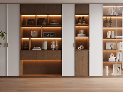 Modern Wooden And White Bookcase With Open Closed Compartments Warm Lighting Books Decorations Interior Design 3d model