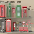 Vintage Public Facilities Collection Display With Colorful Telephone Booths Mailboxes Bench Street Lamp And Signs