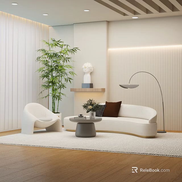 Modern Living Room Interior Design With White Sofa Armchair Coffee Table And Plant 3d model 