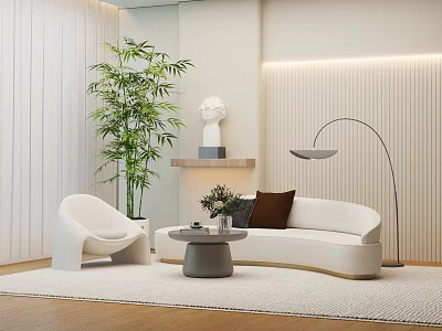 Modern Living Room Interior Design With White Sofa Armchair Coffee Table And Plant 3d model