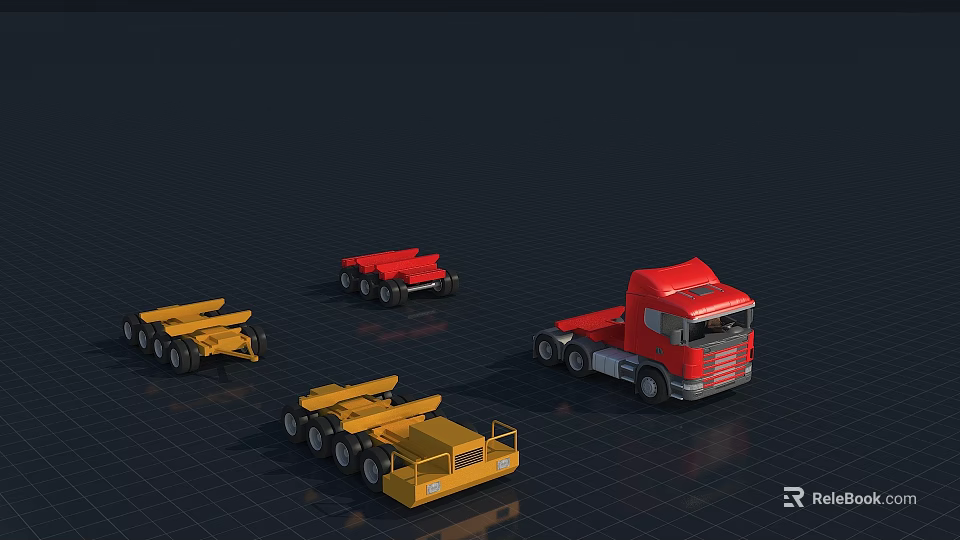 Red Truck And Yellow Trailers Commercial Vehicle Models On Grid Surface 3d model 