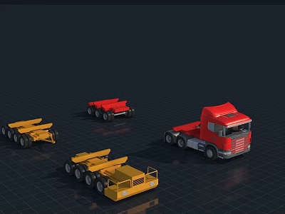 Red Truck And Yellow Trailers Commercial Vehicle Models On Grid Surface 3d model